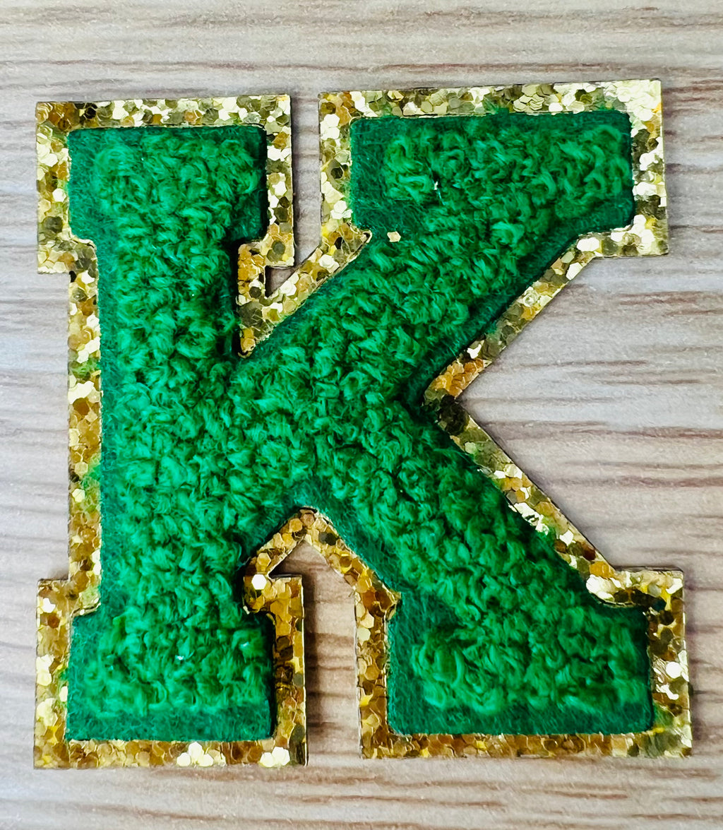 Varsity Chenille GREEN Letter Patches with Gold Glitter Trim – Iron-On Alphabet Appliqués