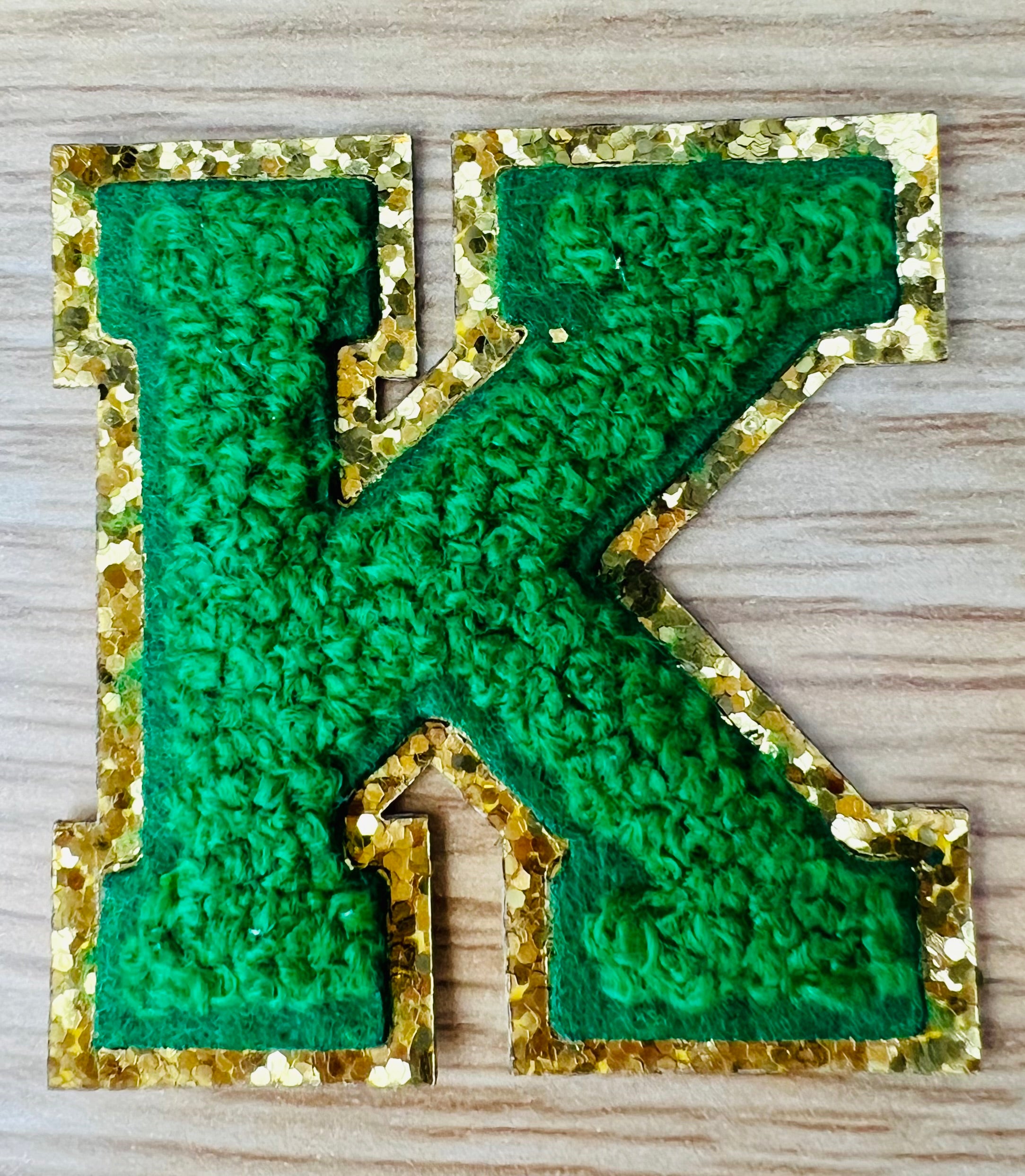 Varsity Chenille GREEN Letter Patches with Gold Glitter Trim – Iron-On Alphabet Appliqués