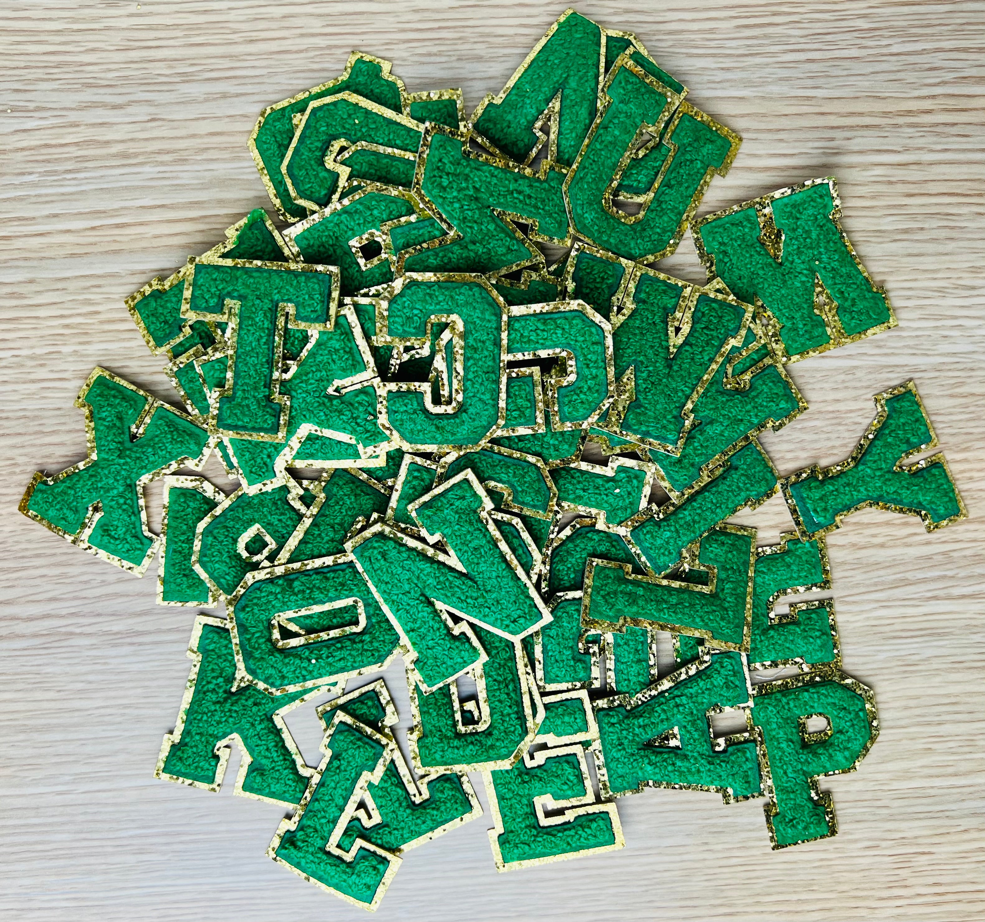 Varsity Chenille GREEN Letter Patches with Gold Glitter Trim – Iron-On Alphabet Appliqués