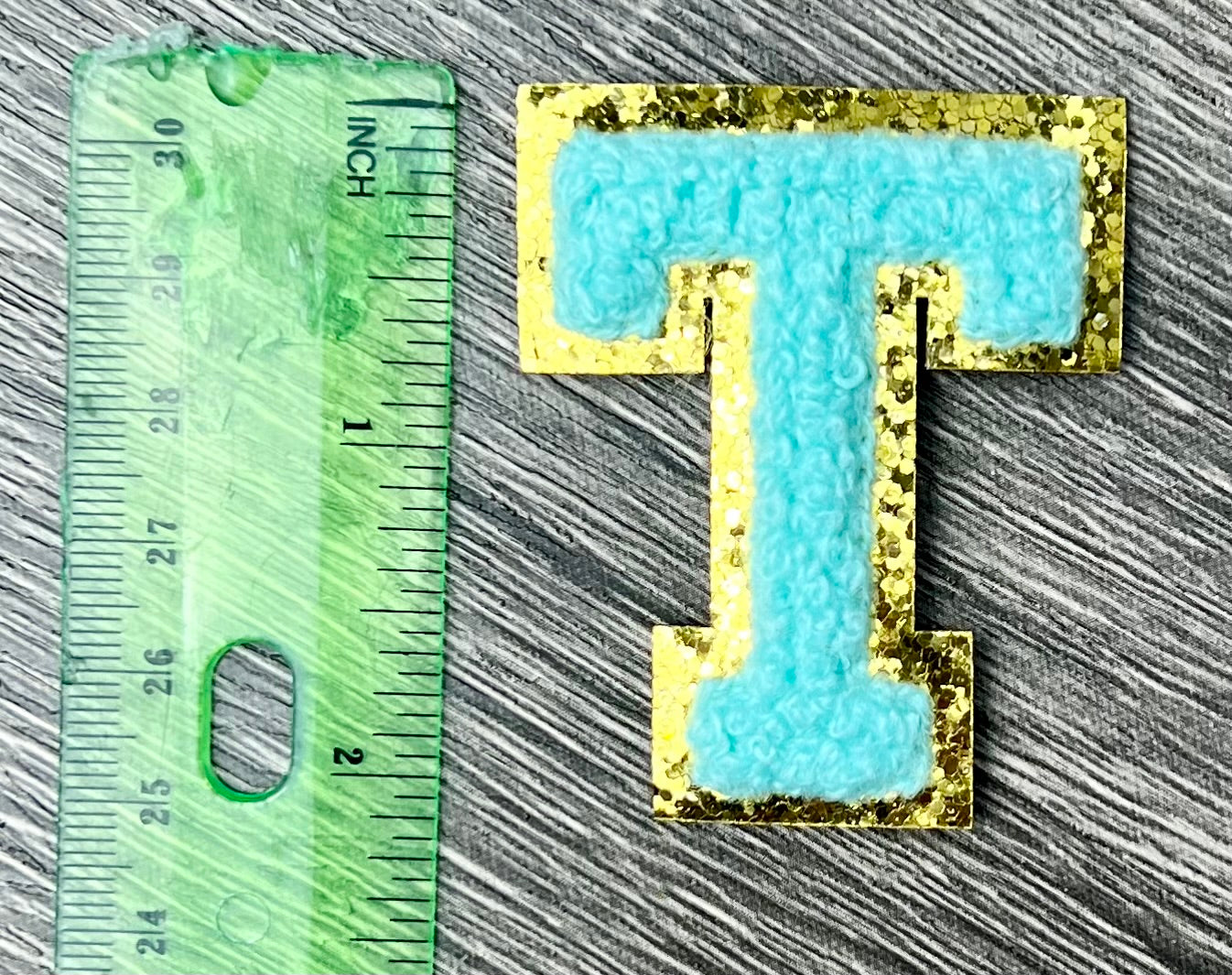 Varsity Chenille TURQUOISE Letter Patches with Gold Glitter Trim – Iron-On Alphabet Appliqués (Copy 3)