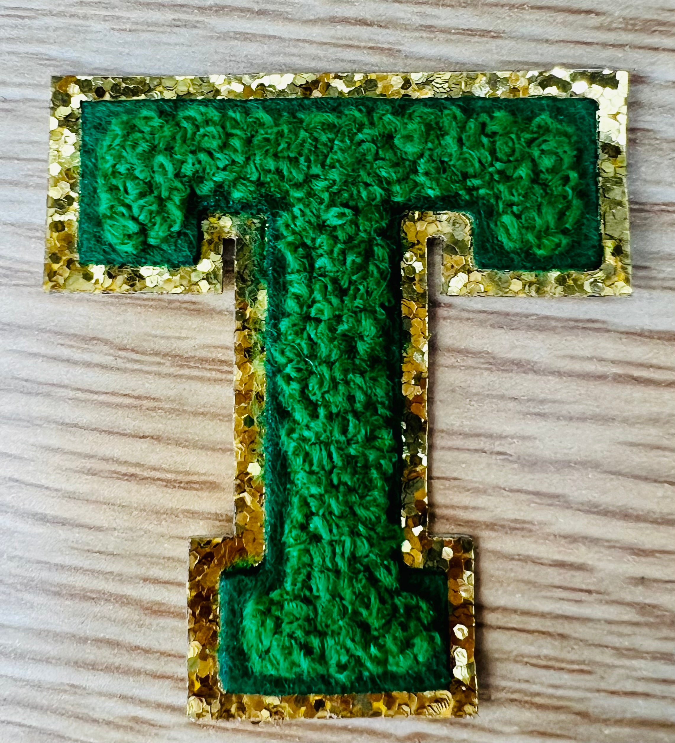 Varsity Chenille GREEN Letter Patches with Gold Glitter Trim – Iron-On Alphabet Appliqués