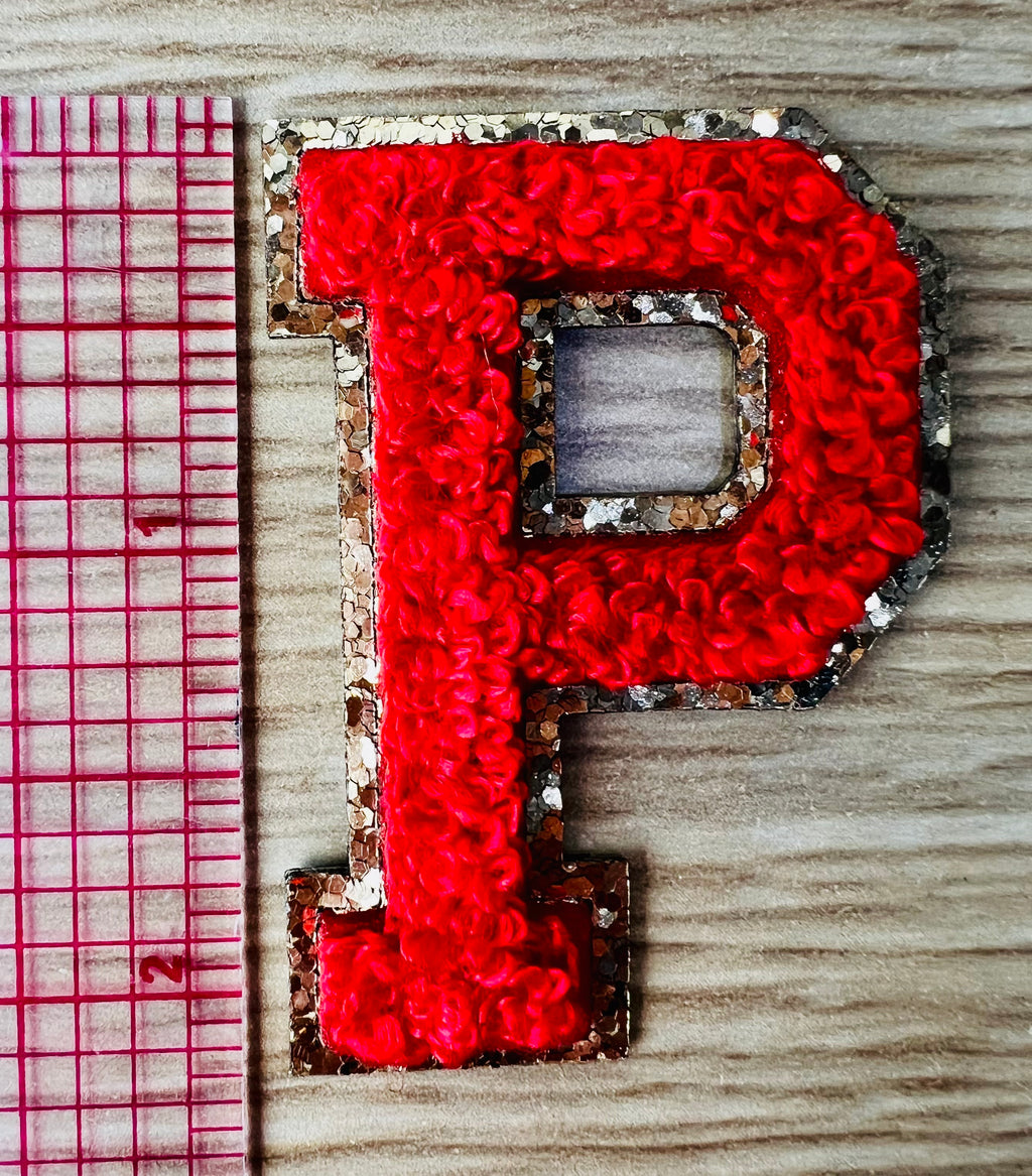 Varsity Chenille RED Letter Patches with Gold Glitter Trim – Iron-On Alphabet Appliqués