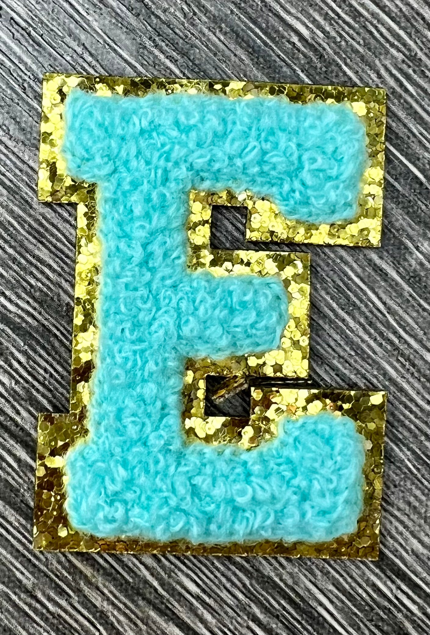 Varsity Chenille TURQUOISE Letter Patches with Gold Glitter Trim – Iron-On Alphabet Appliqués (Copy 3)