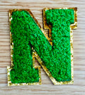 Varsity Chenille GREEN Letter Patches with Gold Glitter Trim – Iron-On Alphabet Appliqués