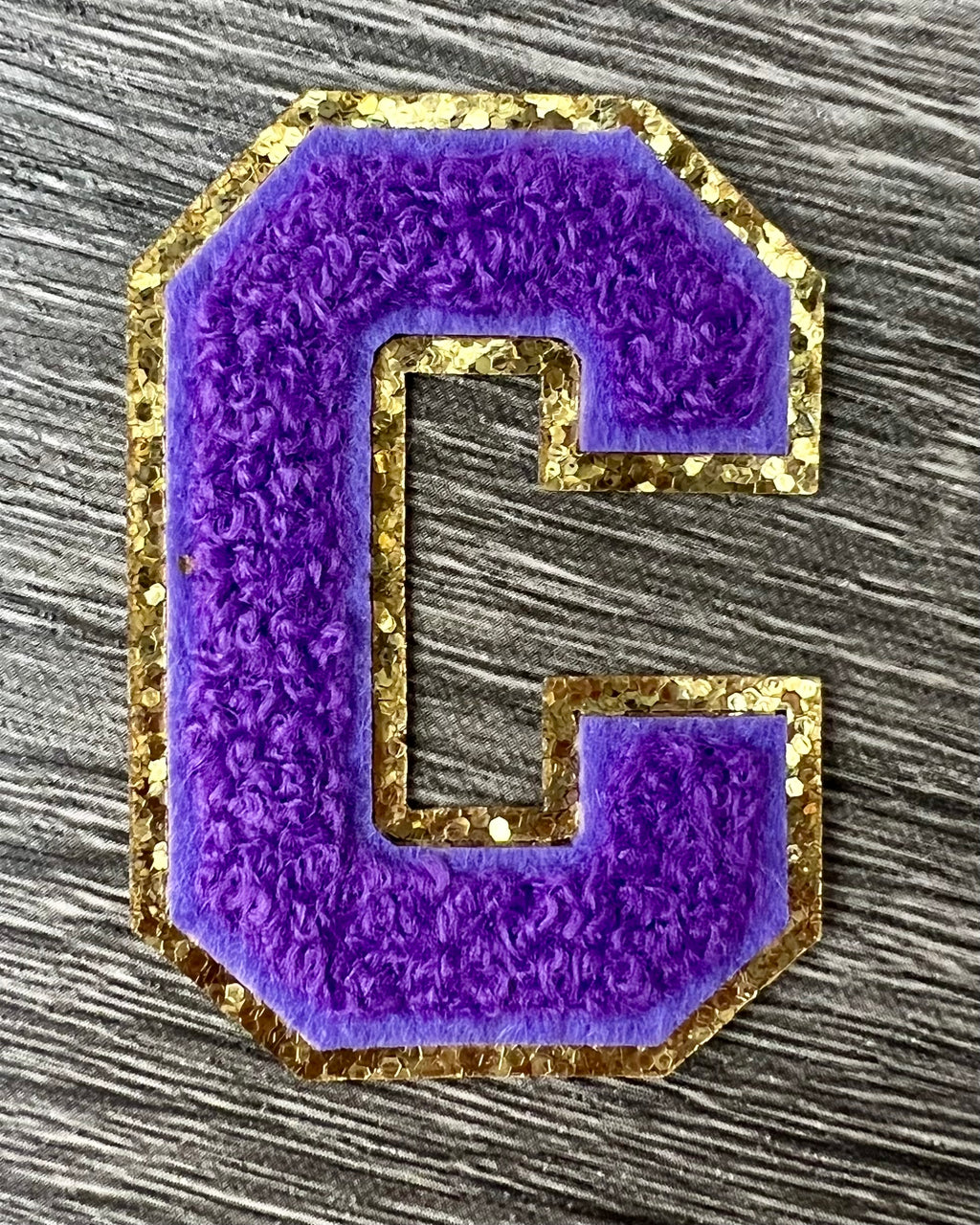 Varsity Chenille PURPLE Letter Patches with Gold Glitter Trim – Iron-On Alphabet Appliqués (Copy)