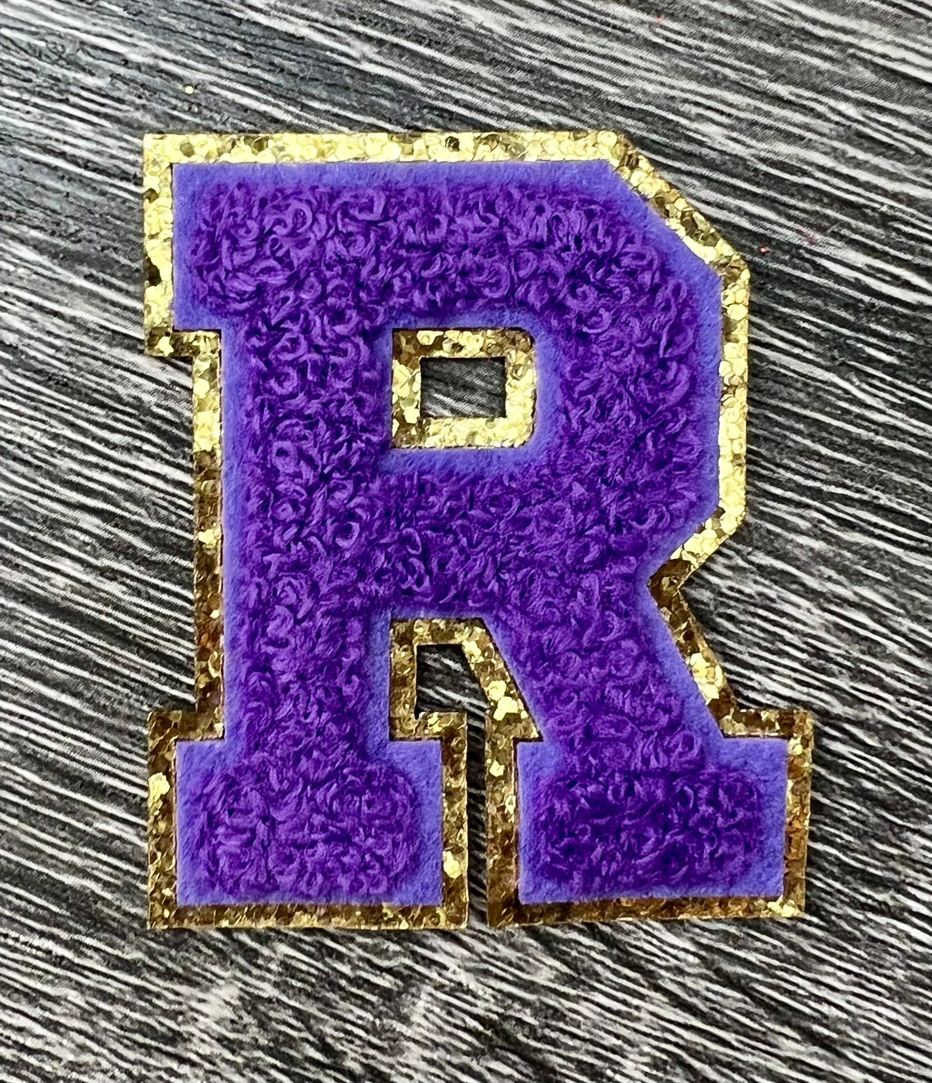 Varsity Chenille PURPLE Letter Patches with Gold Glitter Trim – Iron-On Alphabet Appliqués (Copy)
