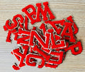 Varsity Chenille RED Letter Patches with Gold Glitter Trim – Iron-On Alphabet Appliqués