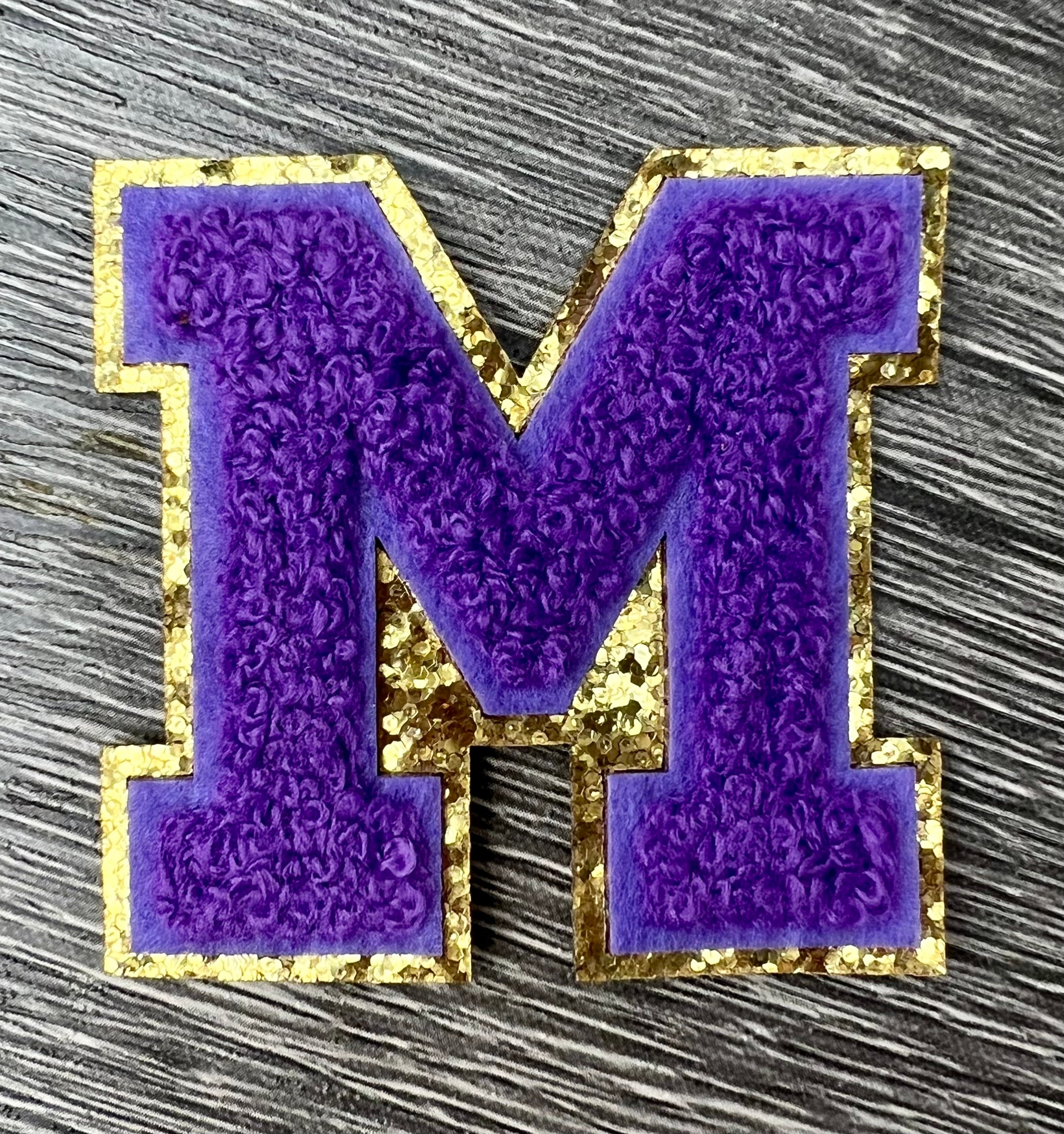 Varsity Chenille PURPLE Letter Patches with Gold Glitter Trim – Iron-On Alphabet Appliqués (Copy)