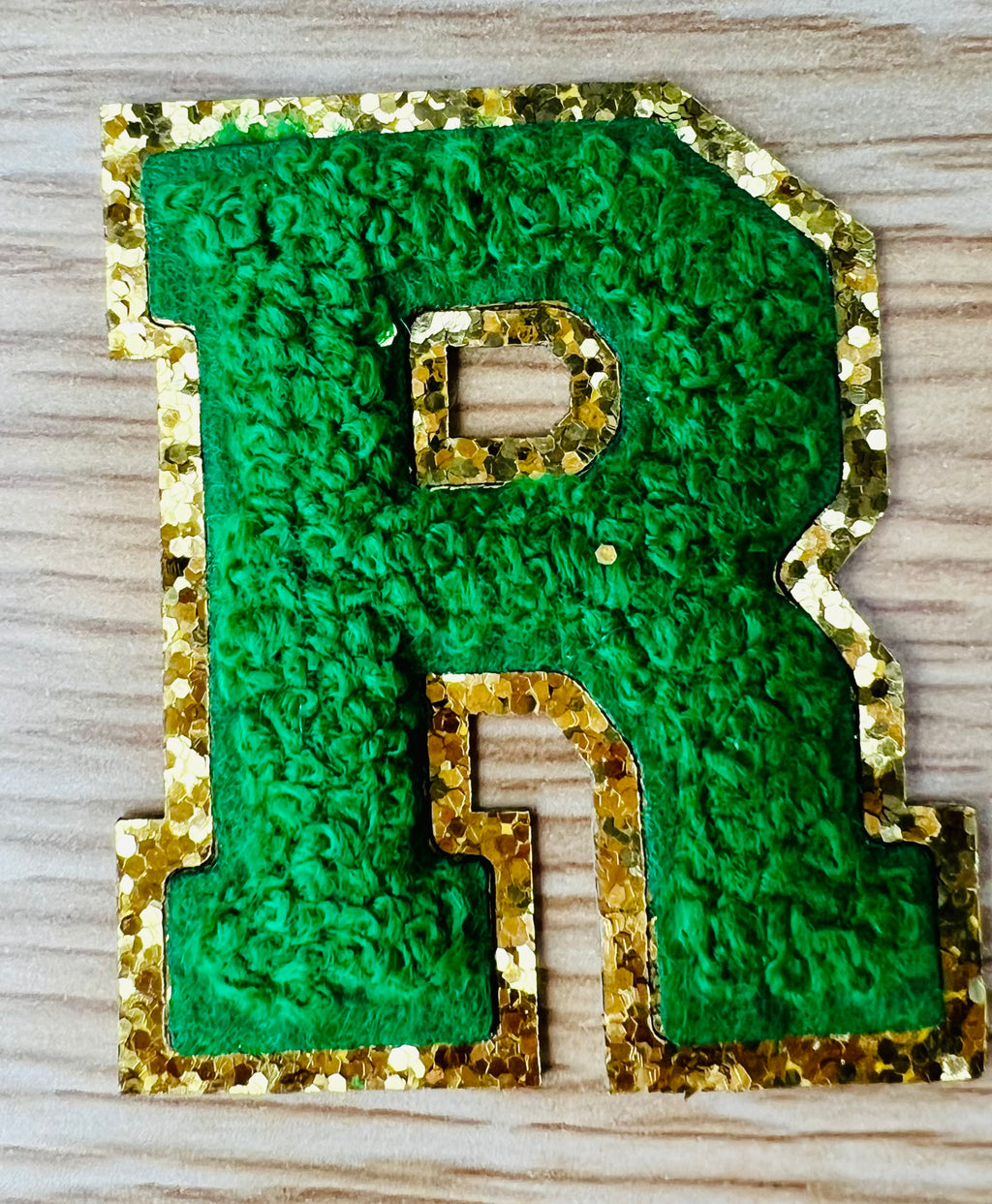 Varsity Chenille GREEN Letter Patches with Gold Glitter Trim – Iron-On Alphabet Appliqués