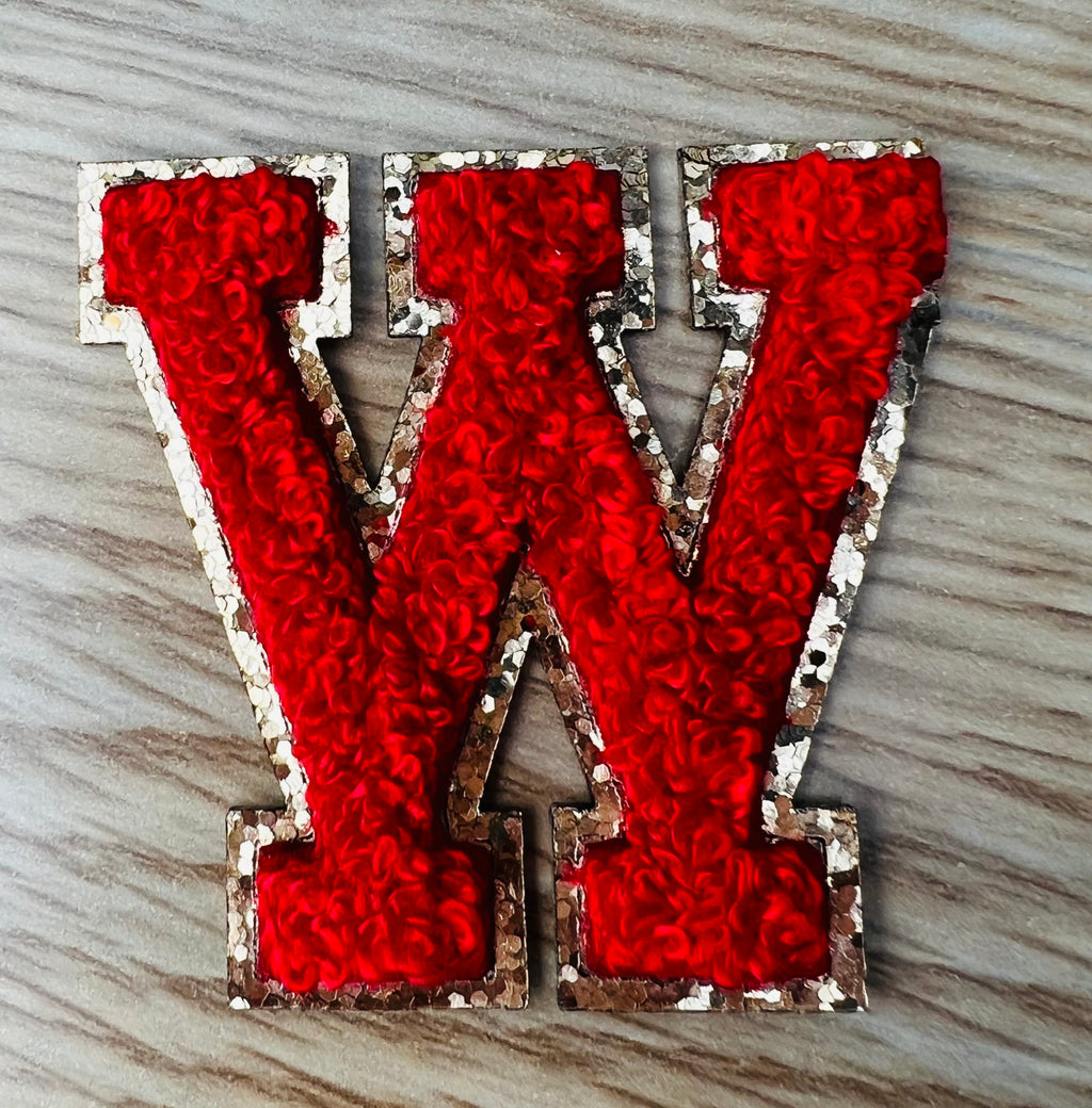 Varsity Chenille RED Letter Patches with Gold Glitter Trim – Iron-On Alphabet Appliqués