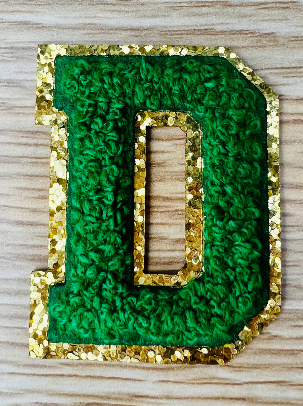 Varsity Chenille GREEN Letter Patches with Gold Glitter Trim – Iron-On Alphabet Appliqués
