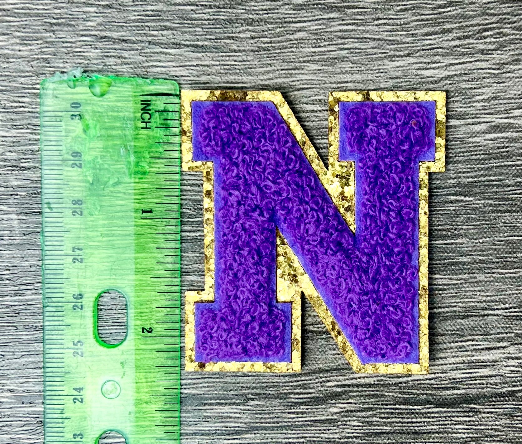 Varsity Chenille PURPLE Letter Patches with Gold Glitter Trim – Iron-On Alphabet Appliqués (Copy)