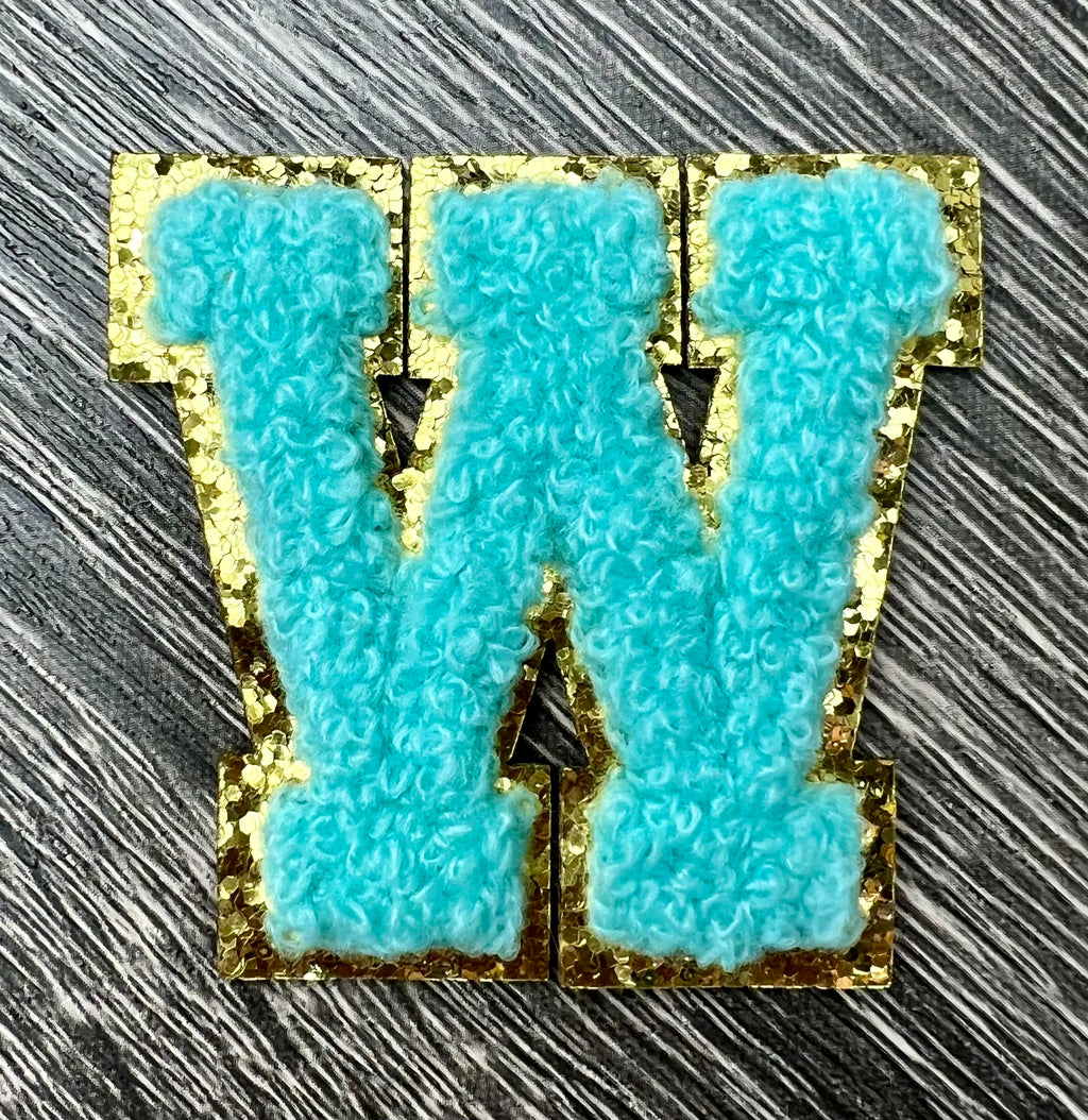Varsity Chenille TURQUOISE Letter Patches with Gold Glitter Trim – Iron-On Alphabet Appliqués (Copy 3)