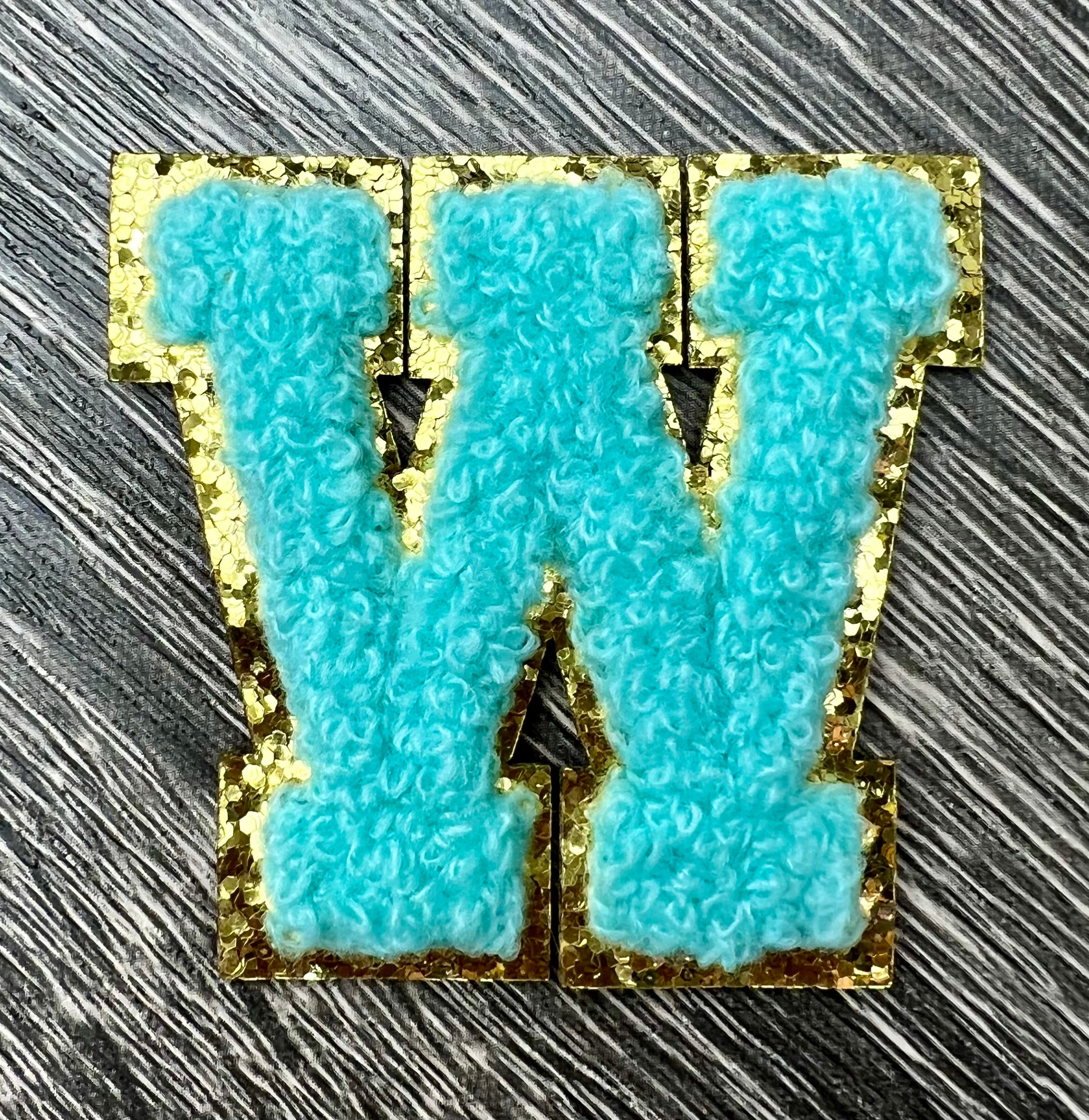 Varsity Chenille TURQUOISE Letter Patches with Gold Glitter Trim – Iron-On Alphabet Appliqués (Copy 3)
