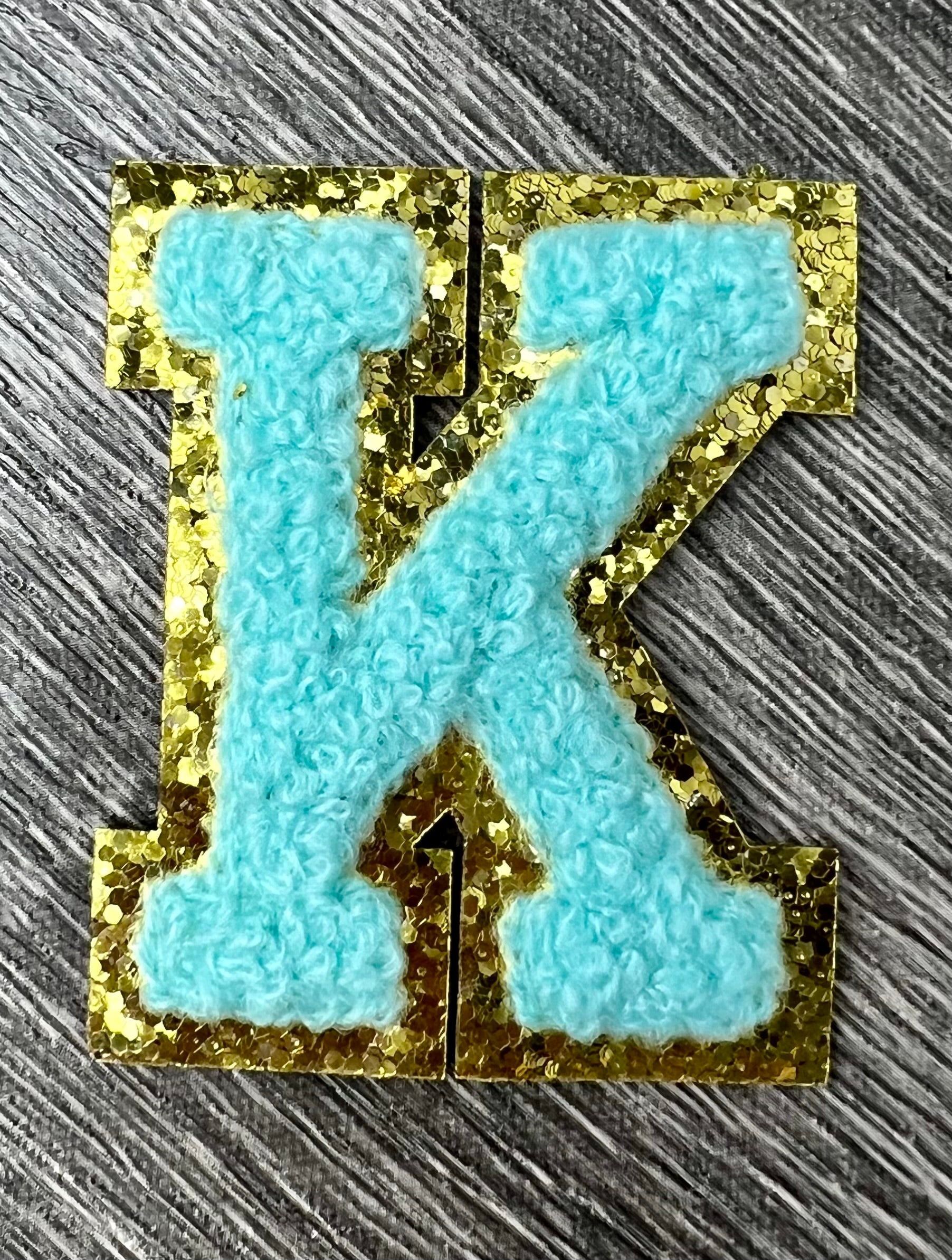Varsity Chenille TURQUOISE Letter Patches with Gold Glitter Trim – Iron-On Alphabet Appliqués (Copy 3)