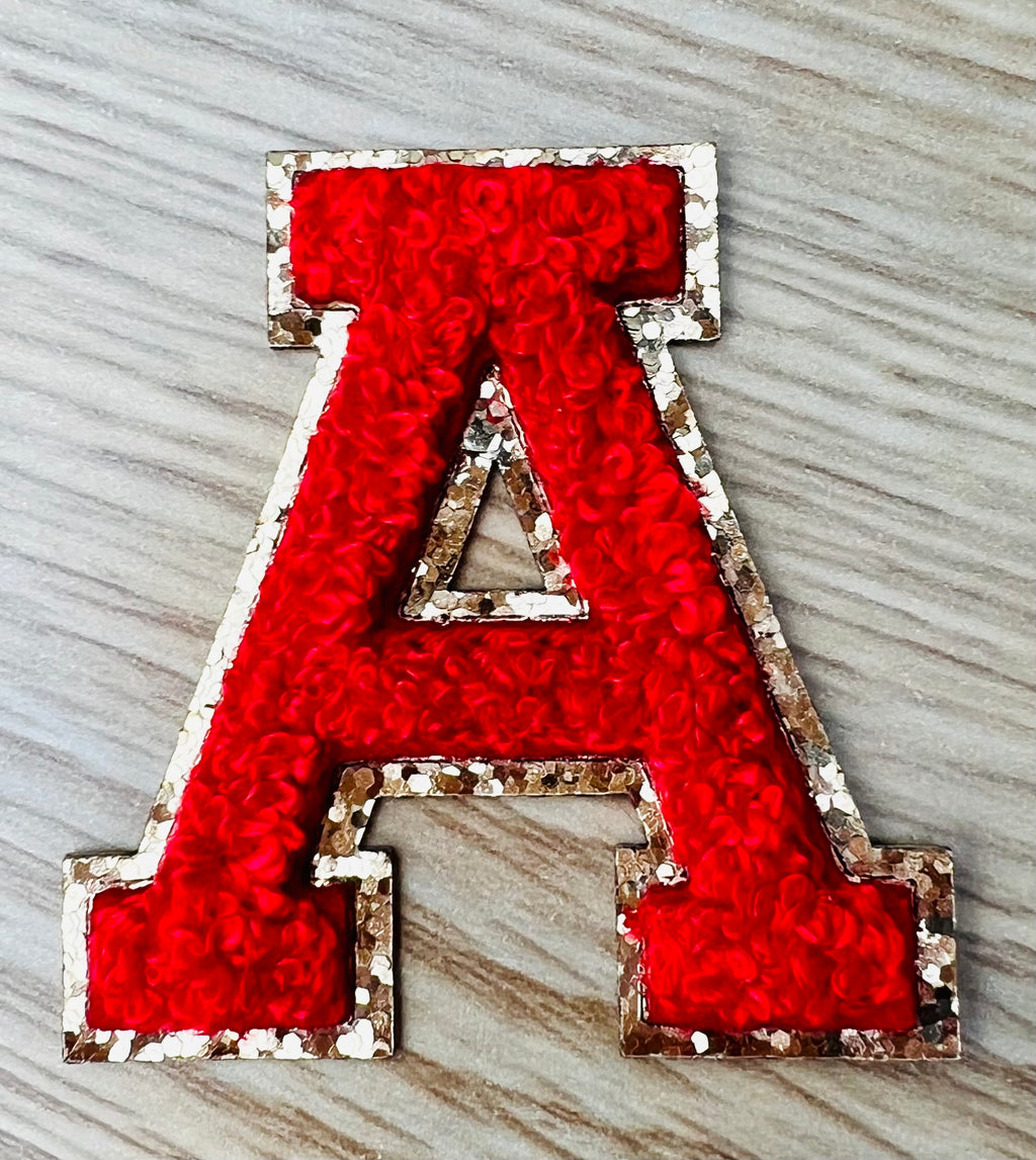 Varsity Chenille RED Letter Patches with Gold Glitter Trim – Iron-On Alphabet Appliqués