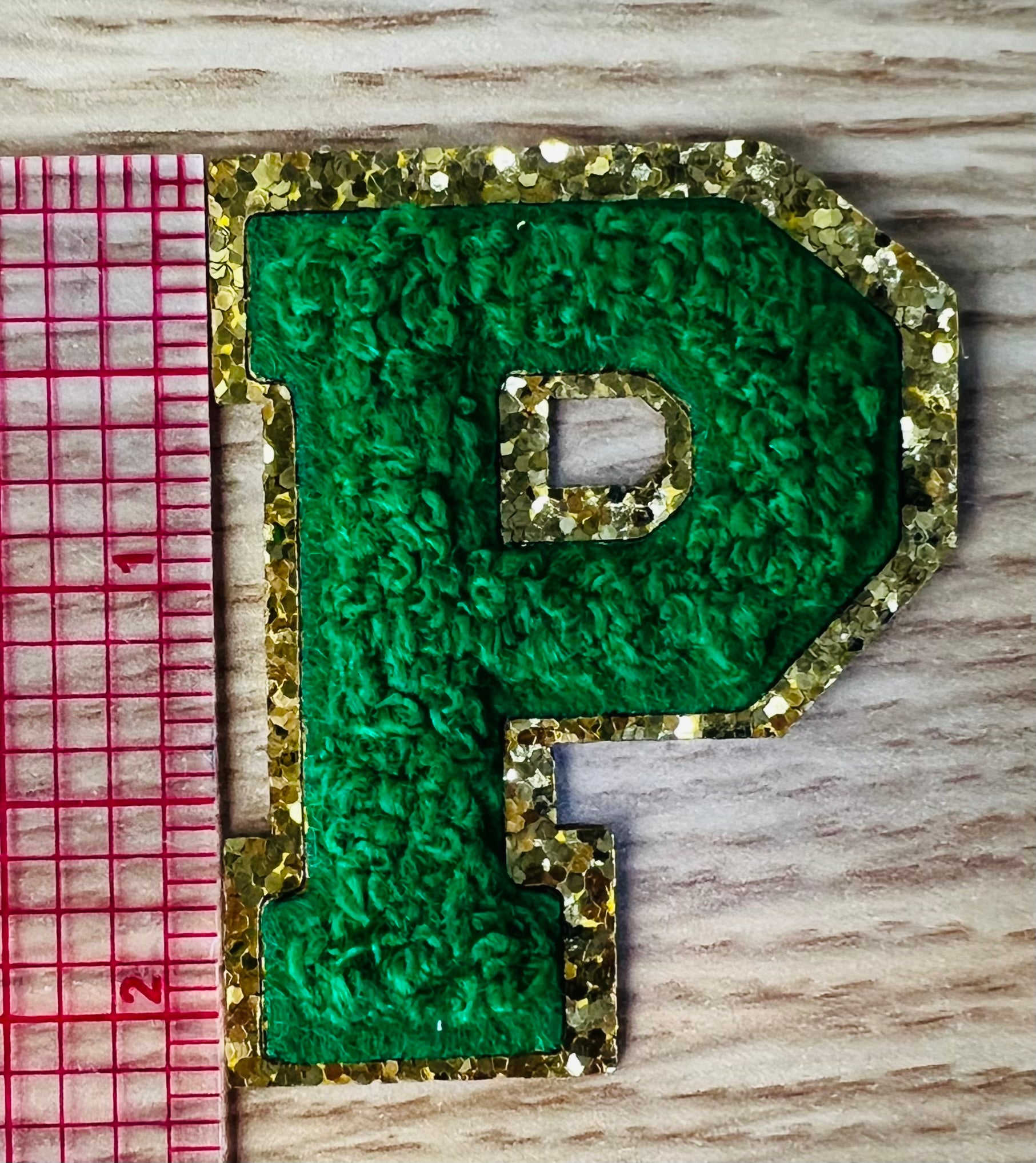 Varsity Chenille GREEN Letter Patches with Gold Glitter Trim – Iron-On Alphabet Appliqués