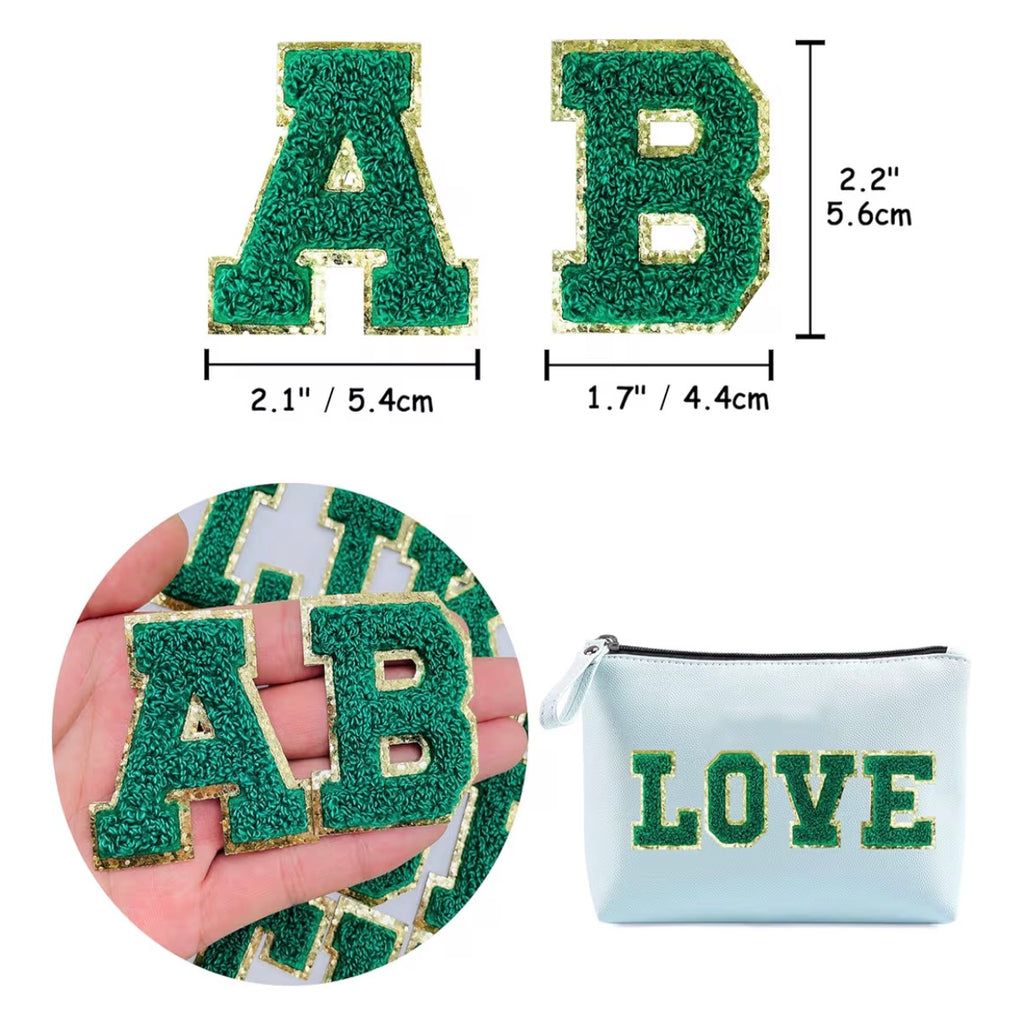 Varsity Chenille GREEN Letter Patches with Gold Glitter Trim – Iron-On Alphabet Appliqués