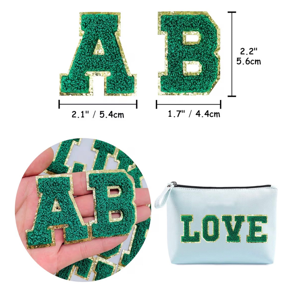 Varsity Chenille GREEN Letter Patches with Gold Glitter Trim – Iron-On Alphabet Appliqués